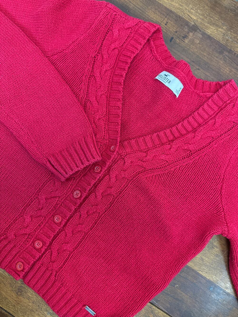 Hollister Red Crop V-Neck Knit Sweater Cardigan Buttons Y2K Preppy Size Small